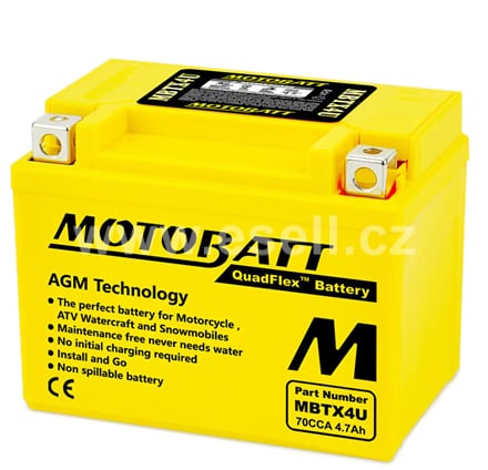 Baterie Motobatt MBTX4U, 12V, 4,7Ah, 70A (YB4L-B, YB4L-A,YTX4L-BS,YT4L-BS)